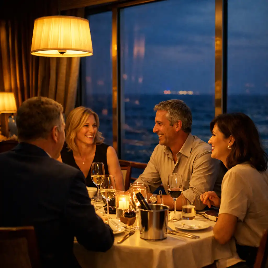 Pasażerowie rozmawiający przy stole w wieczornej restauracji na statku