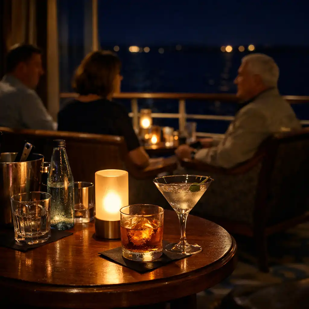 Kameralny lounge na statku rejsowym nocą, z ciepłym światłem i widokiem na ciemną wodę.