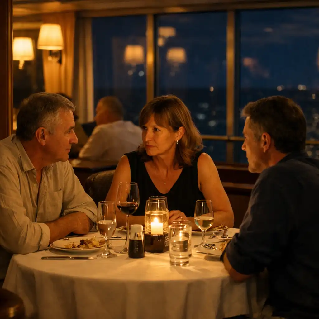 Pasażerowie rozmawiają przy wieczornej kolacji w restauracji na statku.